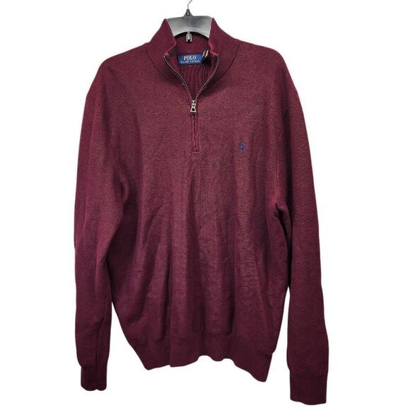 Polo Ralph Lauren Men's XL Red Wine Quarter-Zip Mesh-Knit Sweater Long-Sleeve - Picture 2 of 9